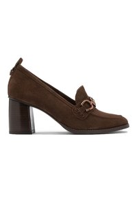 Brown suede high-heeled shoe with a rounded toe, a decorative buckle, and a stacked wooden heel. Smooth texture with stitching accents.