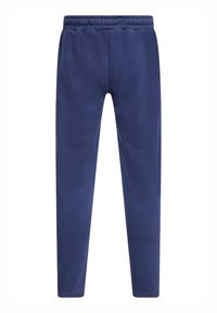 Mørkeblå joggingbukser lavet af blødt stof, med elastisk talje og tætsiddende ben med minimal syning.