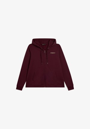 Felpa con zip di colore bordeaux, dotata di tasche frontali, cappuccio con coulisse e logo "FREDDY" sulla parte sinistra del petto.