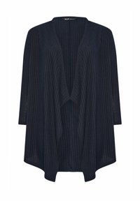 Cárdigan abierto de un navy oscuro con textura de canalé, mangas tres cuartos y una silueta relajada. Tejido suave con un brillo sutil.