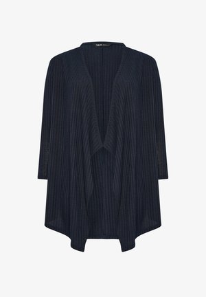 Dunkelblaues offenes Frontcardigan mit gerippter Textur, Dreiviertelärmeln und einem lässigen Schnitt. Weicher Stoff mit dezentem Glanz.