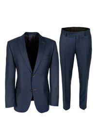 Navyblaues Anzugset mit einem Blazer mit zwei Knöpfen, Reverskragen und Hosen mit flachem Bund und seitlichen Taschen. Glatte Stofftextur.