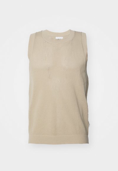 Beige sleeveless knit top with a textured, ribbed pattern and a round neckline, featuring a slightly relaxed fit and a subtle hem.