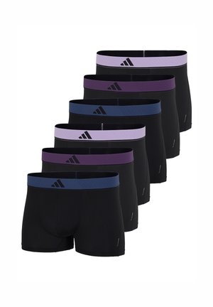 Seks sorte boksershorts arrangeret i en forskudt række, hver med en forskellig farvet taljebånd i lilla, lavendel og navyblå nuancer.