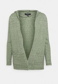 Zelený cardigan z jemně pletené texturované látky. Má kapuci, otevřený přední díl a dvě přední kapsy. Dlouhé rukávy s volným střihem.