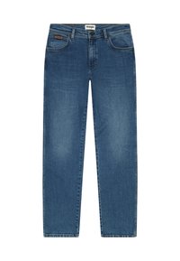 Blaue Denim-Jeans mit geradem Bein, ausgestattet mit Fronttaschen, Gürtelschlaufen, Knopfverschluss und einem kleinen braunen Markenpatch auf der rechten Tasche.