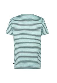 Lichtblauw gestreept T-shirt met korte mouwen, voorzien van donkerblauwe horizontale strepen en een gladde, gestructureerde stof.