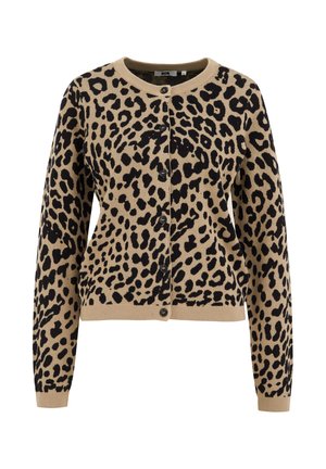 Leopard print cardigan in beige and black, featuring a round neckline, button closure, and ribbed cuffs and hem. Made of knitted material.