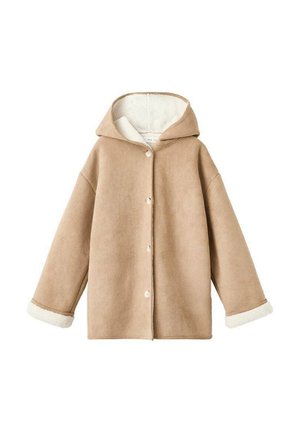 Beige Kapuzenjacke mit einer weichen, strukturierten Außenseite, weißem Fleece-Futter und Knopfverschlüssen. Lockerer Schnitt mit aufgerollten Bündchen.