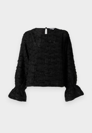 Fekete textúrájú blúz hosszú ballonujjakkal, gyűrt aljjal és kulcslyuk alakú nyílással a háton. Puha, rétegelt anyag.