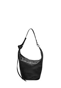 Schwarze Lederschultertasche mit strukturierter Oberfläche, geschwungener Form, verstellbarem Riemen und Reißverschluss. Minimalistisches Design ohne sichtbare Beschläge.