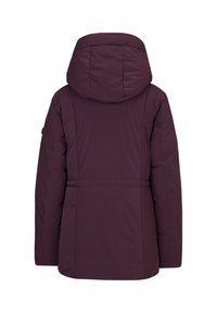 Bordeaux gewatteerde jas met capuchon, voorzien van een ceintuur in de taille, gladde textuur en gestikte details op de rug en mouwen.