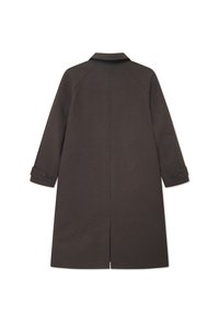 Brown long coat made of wool-like fabric, featuring a notched collar, buttoned cuffs, and a straight silhouette with back vent.