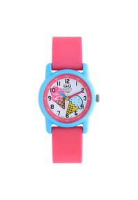 Quartzhorloge met een witte wijzerplaat met ijsjesgrafieken, roze accenten en een helderblauwe kunststof kast met een roze siliconen band.