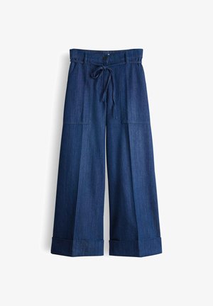 Weite dunkelblaue Jeans mit aufgesetzten Fronttaschen, Knopf- und Kordelbund sowie umgeschlagenen Säumen.