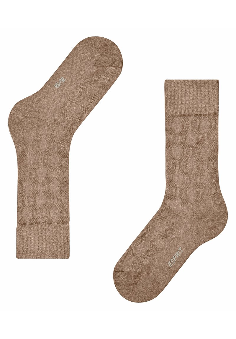 Para jasnobrązowych skarpetek za kostkę z delikatnym wzorem warkocza i nazwą marki "ESPRIT" nadrukowaną w pobliżu palców.