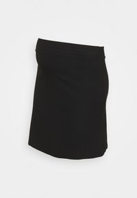 Jupe de maternité noire en tricot côtelé avec une taille élastique, conçue pour s'adapter confortablement à un ventre de femme enceinte.