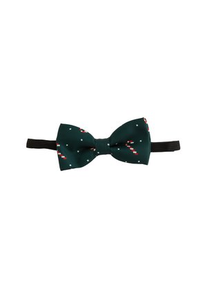 Corbata de lazo verde con un patrón de cuadros blancos y acentos rojos. Fabricada en tela suave con correa negra ajustable. Forma de mariposa clásica.