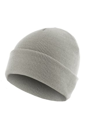 Gray knitted beanie hat with a ribbed texture, featuring a folded cuff at the bottom and no visible brand logos or embellishments.
