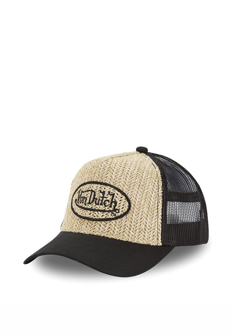 Casquette de baseball en paille avec dos en maille noire, visière courbée et logo "Von Dutch" brodé sur un motif de chevron crème. Accents noirs.