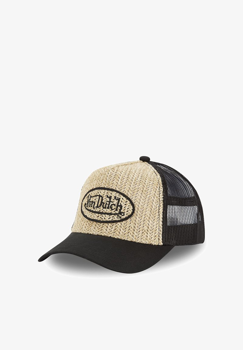 Casquette de baseball en paille avec dos en maille noire, visière courbée et logo "Von Dutch" brodé sur un motif de chevron crème. Accents noirs.