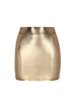 Mini-jupe en métal doré avec une texture lisse et brillante, présentant une silhouette ajustée et une taille haute. Construction simple sans embellissements.