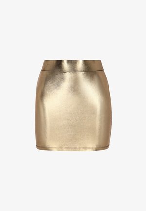 Mini gonna metallica dorata con una texture liscia e brillante, caratterizzata da una silhouette aderente e una vita alta. Costruzione semplice senza decorazioni.