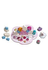 Colorful wooden game pieces in flower shapes, various colors, on a pink board with illustrations and transparent gem-like tokens. Includes a dice.