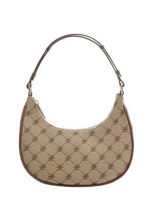 Beige håndtaske formet som en halvmåne med brunt diamantmønster, brun læderkant og justerbar brun læder skulderrem.