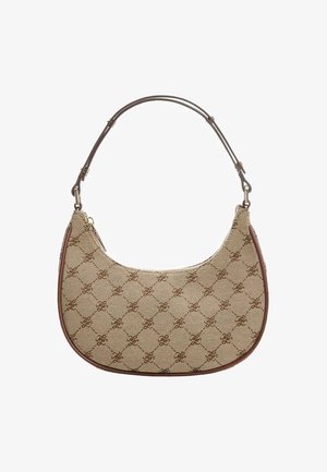 Beige håndtaske formet som en halvmåne med brunt diamantmønster, brun læderkant og justerbar brun læder skulderrem.