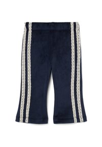 Marineblauwe ribfluwelen broek met uitlopende pijpen, voorzien van twee verticale crèmekleurige kantstrepen aan de zijkanten en een zachte, gestructureerde afwerking.