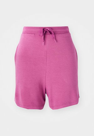 Fuchsia athletic shorts featuring a textured fabric, elastic waistband with drawstring, and side pockets.
