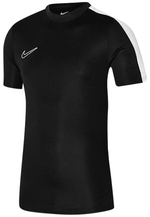 Schwarzes Kurzarmhemd aus atmungsaktivem Material, mit weißen Akzenten an den Schultern und einem kleinen Nike-Logo auf der Brust.