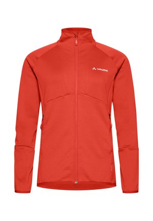 Rote Vaude-Jacke mit langen Ärmeln, durchgehendem Reißverschluss, hohem Kragen, zwei Seitentaschen und strukturiertem Stoff. Mit Logo auf der linken oberen Brustseite.