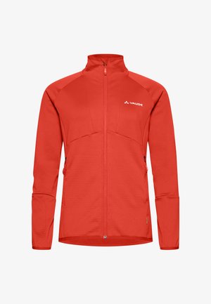 Rote Vaude-Jacke mit langen Ärmeln, durchgehendem Reißverschluss, hohem Kragen, zwei Seitentaschen und strukturiertem Stoff. Mit Logo auf der linken oberen Brustseite.