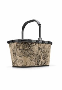 Cestino da shopping beige con manico nero, caratterizzato da un design testurizzato a tema naturale. Realizzato in materiale resistente, struttura robusta e accenti a contrasto.