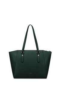 Grüne texturierte Tragetasche mit zwei Schulterriemen, einem Reißverschluss und dezenten Metallelementen; eckiges Design mit einer breiten Öffnung.