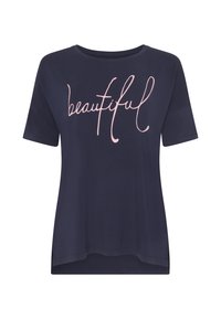Marinblå t-shirt med korta ärmar, prydd med en rosa skriftgrafik som säger "beautiful". Sidokilar i fållen ökar komforten.