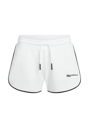 Fehér rövidnadrág puha anyagból, fekete paszpóllal az oldalán, elasztikus derékpánttal és elöl húzózsinórral. Logó a csípőn.