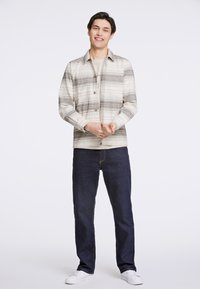 Camicia a righe grigio chiaro e beige con bottoni, in cotone, con colletto. Abbinata a jeans blu scuro e sneakers bianche. Stile semplice e casual.