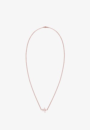 Rózsaarany nyaklánc finom lánccal és szívverés hullámformájú medállal. A medál éles, szögletes vonalakkal rendelkezik a modern megjelenés érdekében.