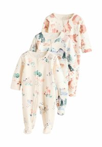 Trois grenouillères pour enfants en tissu doux couleur crème avec des imprimés d'animaux colorés et de la nature. Elles possèdent des manches longues et des fermetures éclair pour un habillage facile.