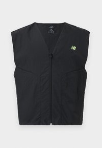 Μαύρο αμάνικο γιλέκο με φερμουάρ, με μικρό νέον κίτρινο λογότυπο New Balance στο αριστερό στήθος, κατασκευασμένο από ελαφρύ ύφασμα.