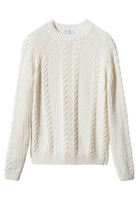 Cremefarbener Strickpullover mit Rundhalsausschnitt und gerippten Bündchen. Strukturierte Muster verleihen Tiefe; weicher, dicker Stoff.