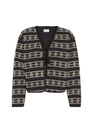 Zwarte cardigan met een cropped ontwerp, voorzien van crèmekleurige geborduurde bloemenpatronen, een striksluiting en lange mouwen. Gemaakt van een textuurstof.