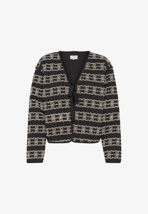 Čierny kardigán s krátkou siluetou, s krémovými vyšívanými kvetinovými vzormi, s viazaním a dlhými rukávmi. Vyrobené z textúrovanej látky.