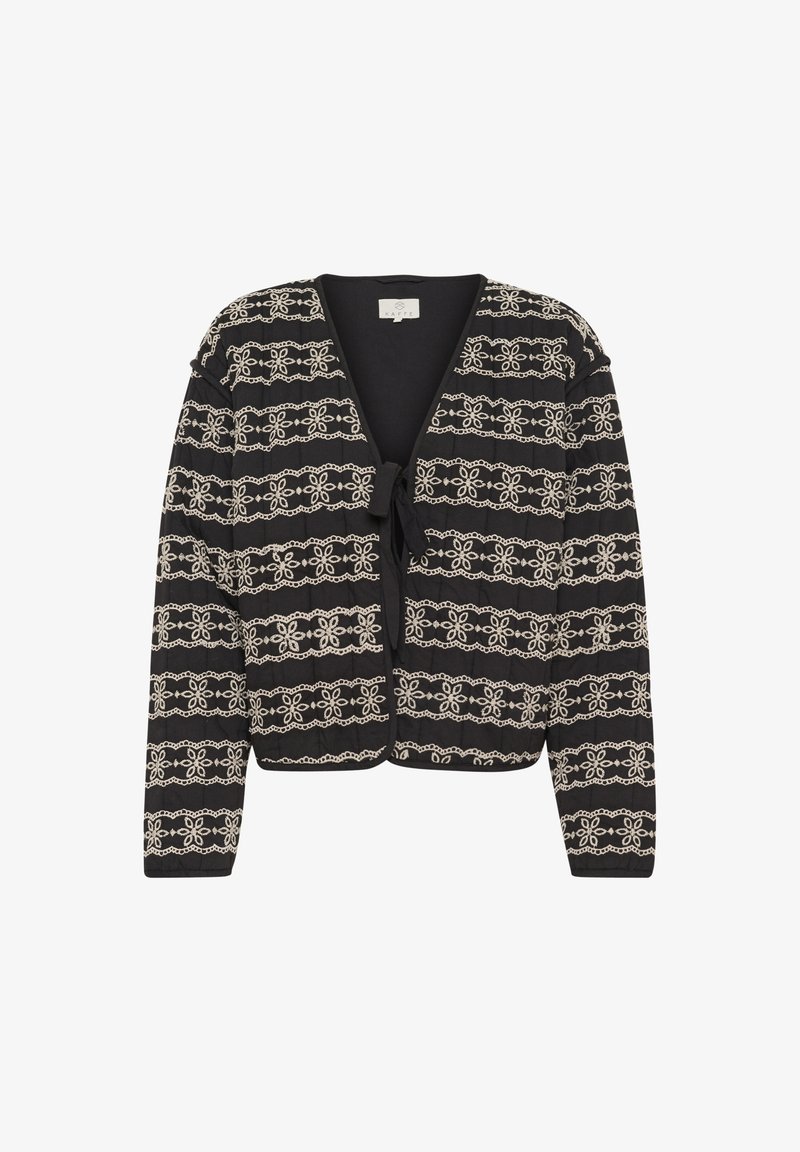 Crni kardigan s krojenjem do struka, s kremastim izvezenim cvjetnim uzorcima, vezivanjem na vezicu i dugim rukavima. Izrađen od teksturiranog materijala.