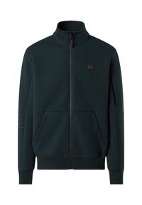 Sudadera con cremallera de color verde oscuro y cuello alto, con dos bolsillos frontales y un parche de logo en el pecho. Tejido suave con puños acanalados.