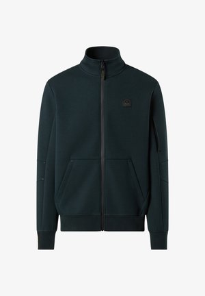 Felpa con zip di colore verde scuro, collo alto, due tasche frontali e logo ricamato sul petto. Tessuto morbido con polsini a coste.