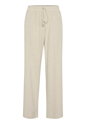 Beige linnen broek met een elastische tailleband en verstelbaar trekkoord, met een recht model en een subtiele textuur.